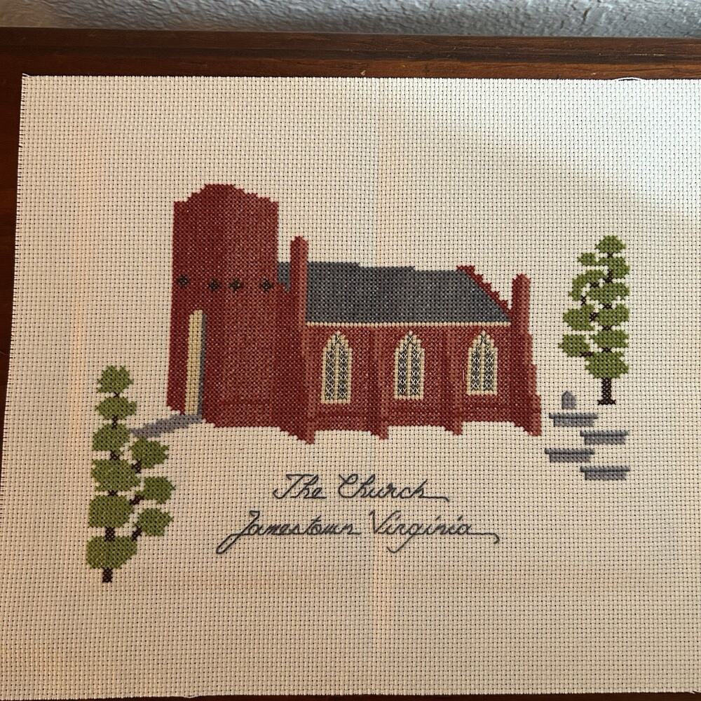 Jamestown Virginia “The Church” Needlepoint Hand Stitched Embroidery Unframed